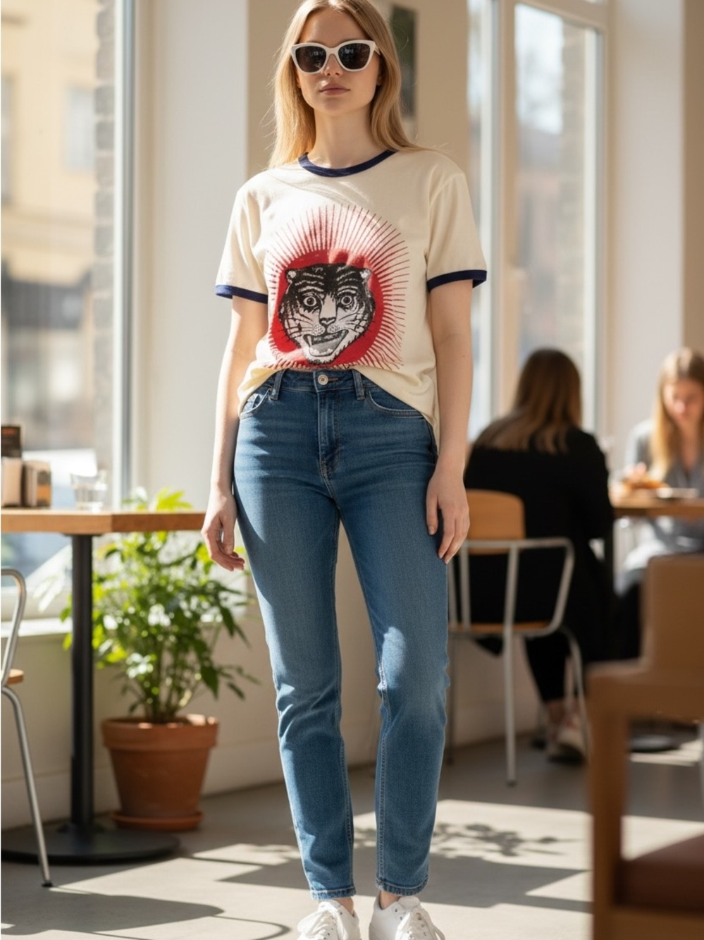 Gucci Cream Graphic Tiger Ringer Short-Sleeve Tee with Red Accent